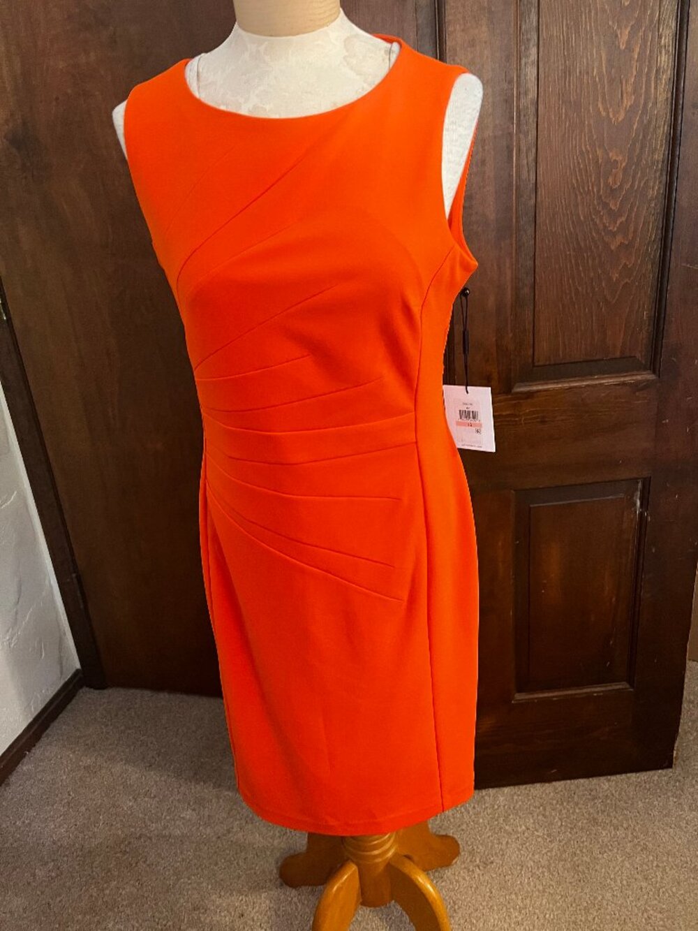 NWT Calvin Klein Orange Ruched Pleated Sheath Dress Size 10 - Picture 7 of 14